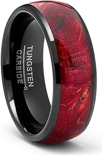 CO. Men's Black Tungsten Ring Wedding Band Red Wood Burl 8MM Comfort-Fit