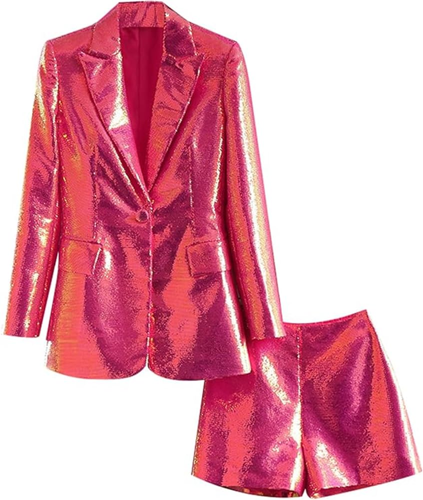 Womens Tuxedo Sequin Blazer Jacket Shorts Suits Set for Women 2 Piece Sets Casual Outfits Dressy Christmas Wedding