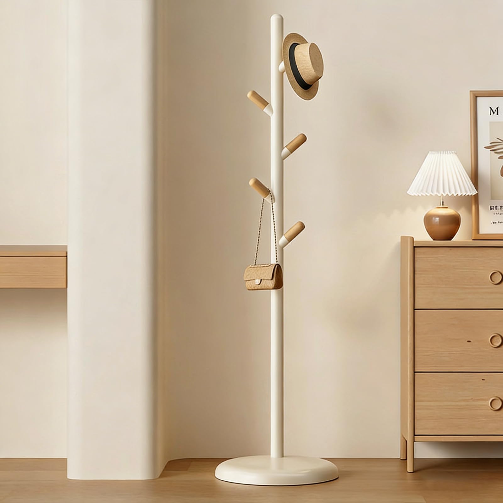 Js Space White-A Freestanding Wooden Hook Coat Rack Stand Sturdy Coat Tree Standing Hanger For Entryway, Bedroom,Hallway,Entrance