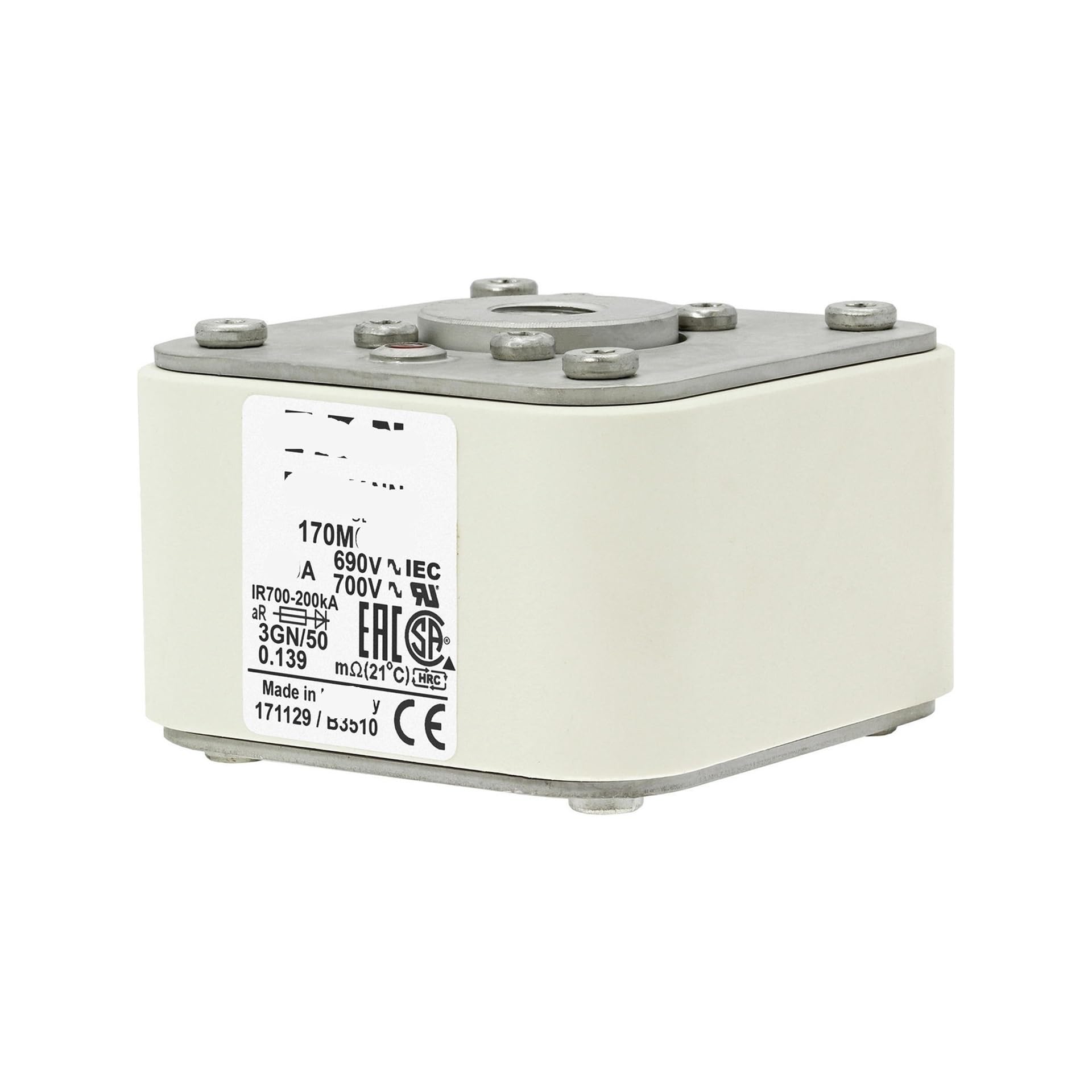 Fusible 170M6513 para entornos industriales con estándar europeo de cubo