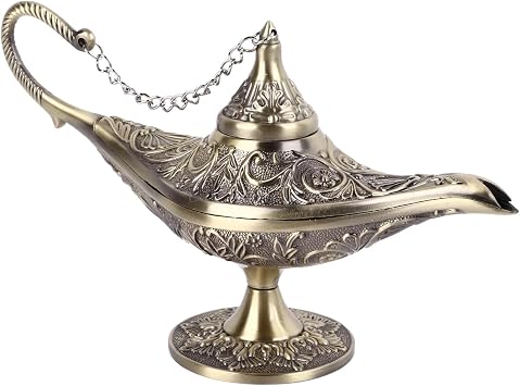 Tissting Aladdin Lamp 8.6 x 4.7 x 2.9in Vintage Metal Legend Aladdin Magic Genie Lamp with Embossed Flowers, Arabian Wishing Light for Party Halloween BirthdayAntique Brass