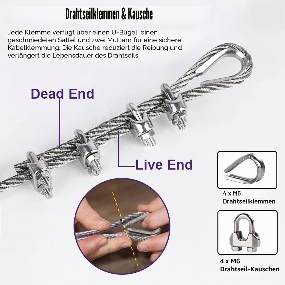 Edelstahldrahtseil Ø 6mm, 7,6 Meter Drahtseil Edelstahl, 7x19 Litzenkern, 304 Edelstahl Stahlseil mit Ösen, 2900kg Bruchfestigkeit