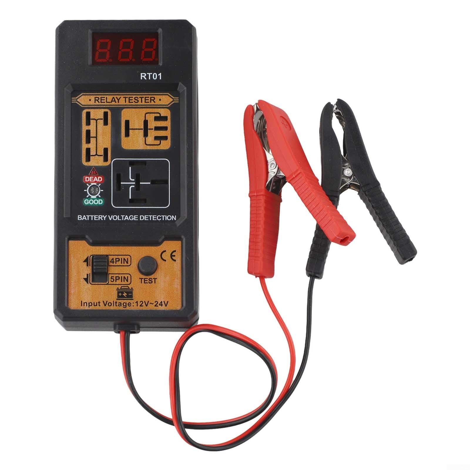 Tester relè digitale 12 V 24 V con display LCD, analizzatore relè auto a 4/5 pin per auto camion diagnostica circuito batteria marina, strumento di test elettrico portatile con clip