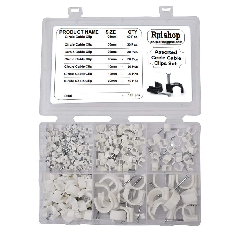 Rpi shop - 190Pcs Assorted Circle Cable Clips Set, with Metal Nails, 7 Different Sizes, for Cable Management (White) (B0B6PTCW18) Amazon Price History, Amazon Price Tracker