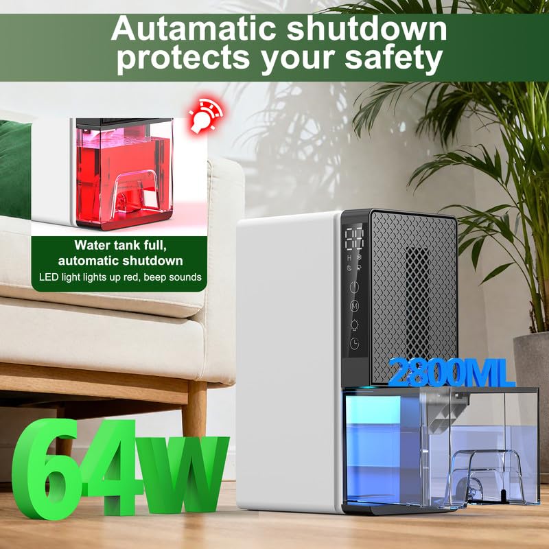 Deumidificatore d'Aria 2800 ml, Deumidificatore Elettrico con Timer 24 ore, Luci a 7 Colori, Spegnimento Automatico, Sbrinamento, Deumidificatori per Casa, Camera da Letto, Muffa（A850ML/24H）