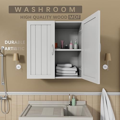 Miniatura 6 de Botiquín de almacenamiento montado en la pared para baño, armario de almacenamiento sobre el inodoro con puertas dobles y estante ajustable para