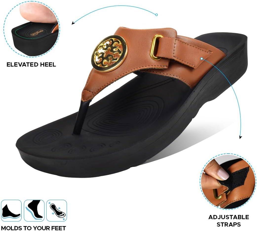 AEROTHOTIC Arch Support Flip Flops for Women Comfortable Orthotpedic Footbed with Faux Leather Buckle Adjustable Stylish Straps Slip On Soft Toe Post Dressy Indoor & Outdoor Women's Sandals - Image 4
