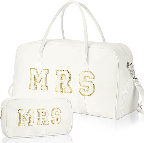 2 Pcs Wedding Weekender Bag Bride Groom Duffle Bag Chenille Letter Patch Travel Bag for Bridal Shower Honeymoon Gift, White, MRS, Mrs