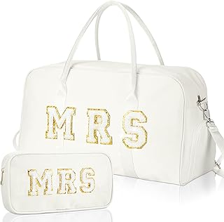 2 Pcs Wedding Weekender Bag Bride Groom Duffle Bag Chenille Letter Patch Travel Bag for Bridal Shower Honeymoon Gift (MRS)