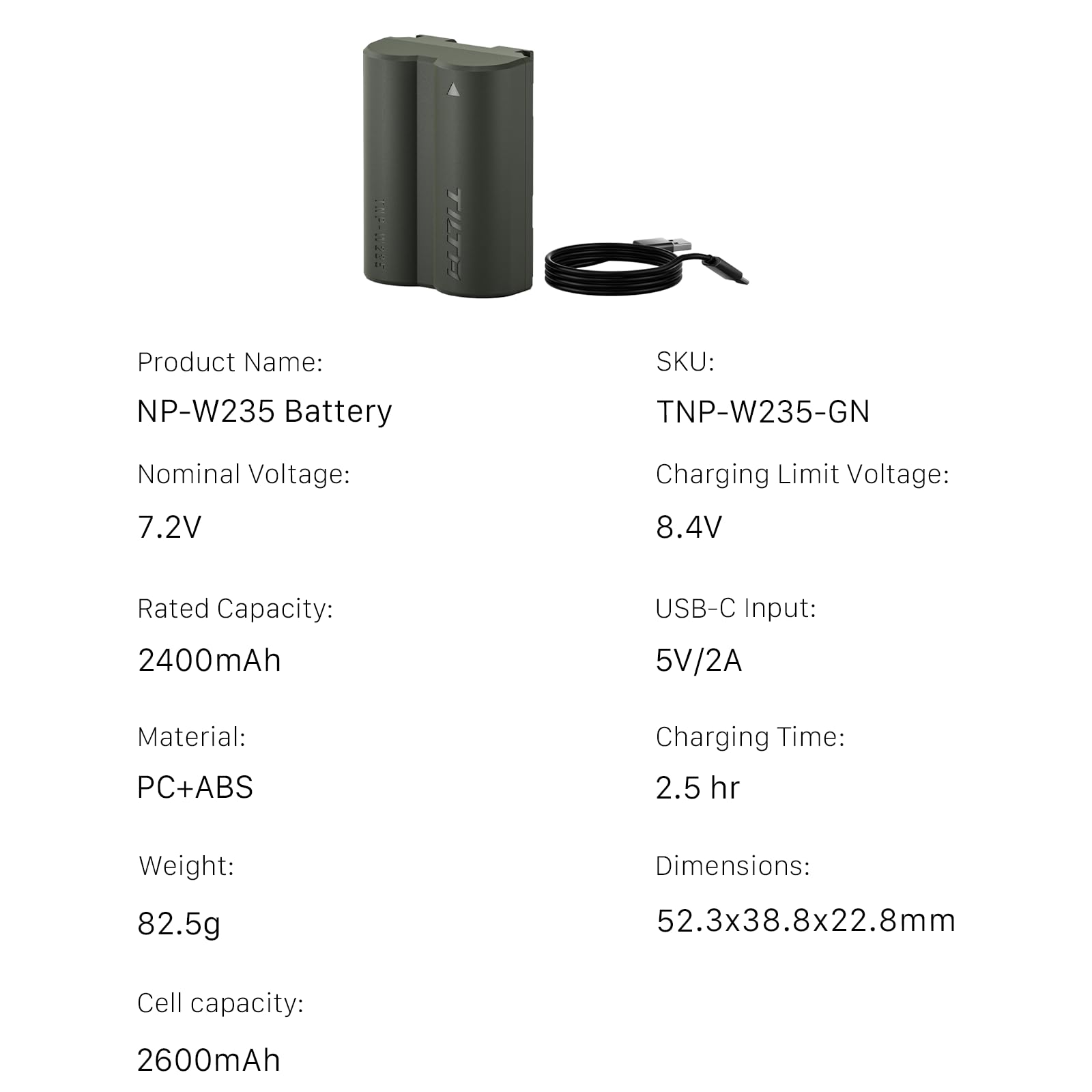 Tilta Batteria NP-W235 2400 mAh Batteria di Ricambio Compatibile con FUJIFILM X-S20, XT5, XT4, GFX100S Ⅱ, GFX100 Ⅱ, XH2S con Porta USB-C TNP-W235-GN