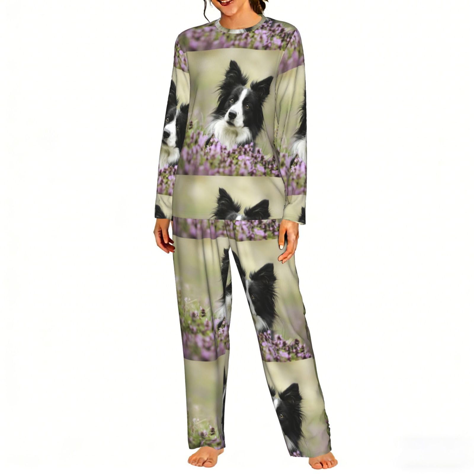 Czqdp Women's One Size Set Nightgown Pyjama Sets Two Piece Loungewear With Pockets Nightwear,Border Collie Lawn Black Border Collie Pets,,Xl