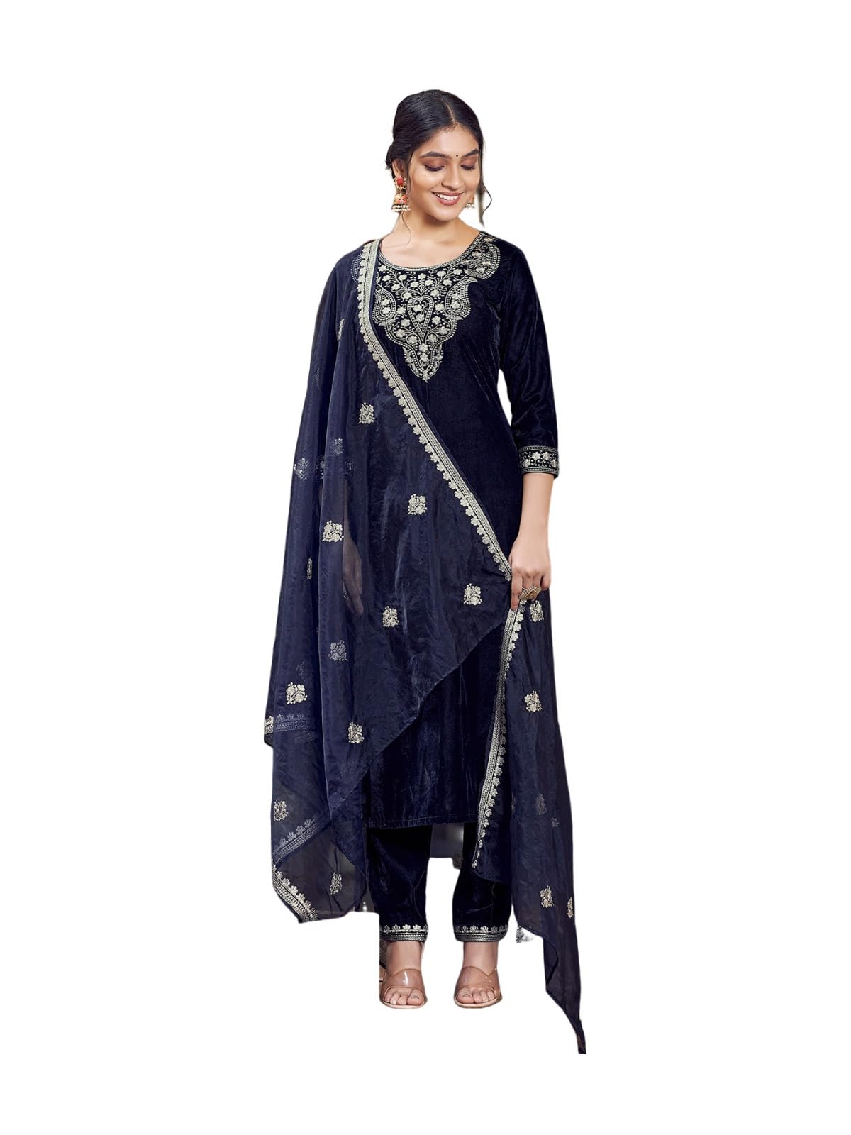 SanisaWomen's Velvet Embroidery Straight Kurta with Pant and Embroidery Dupatta