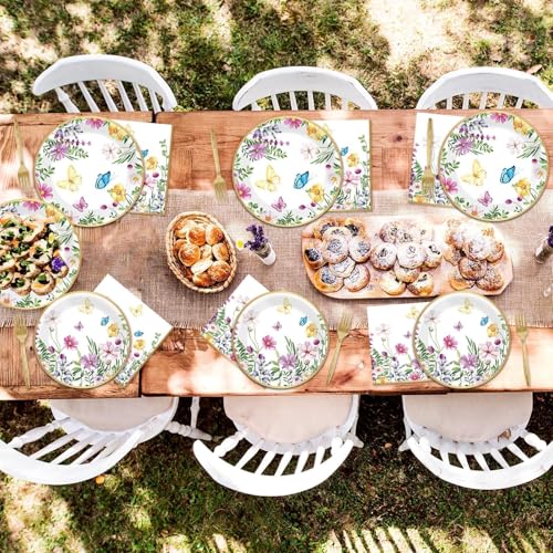 Image of 96 Pcs Wildflower Plates and Napkins Party Supplies for 24 Guests Spring Floral Tableware Plates Napkins Table Decorations Wildflower Dinnerware for Birthday Baby Shower Bridal Shower Garden Tea Party