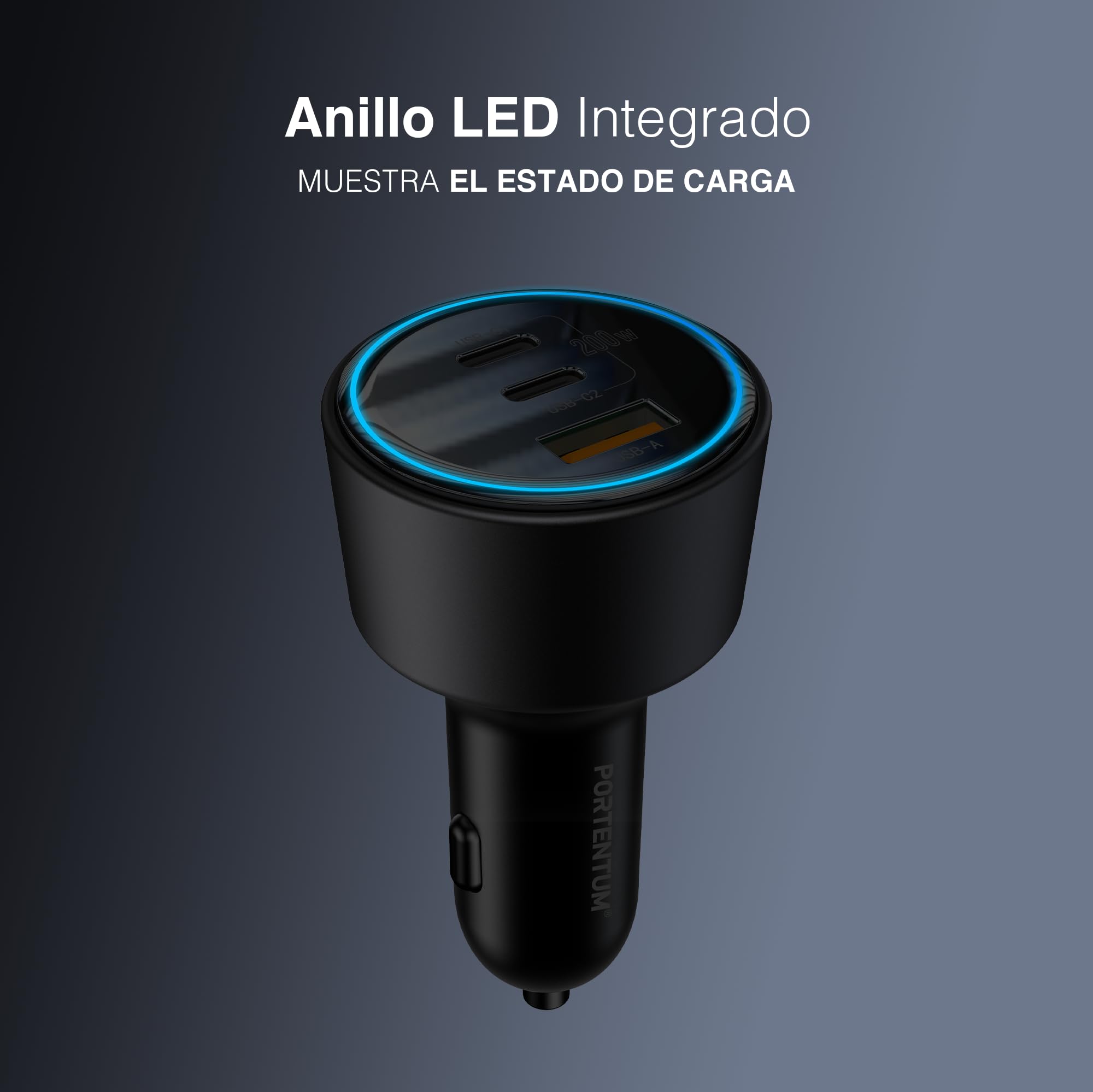 PORTENTUM Triple Cargador Coche Carga Rapida 200W – Incluye Cable de 100W USB-C – 2X USBC PD 100W + USBA QC 18W – Accesorio Mechero – para Macbook Portátil iPhone iPad Tablet Smarphone Galaxy