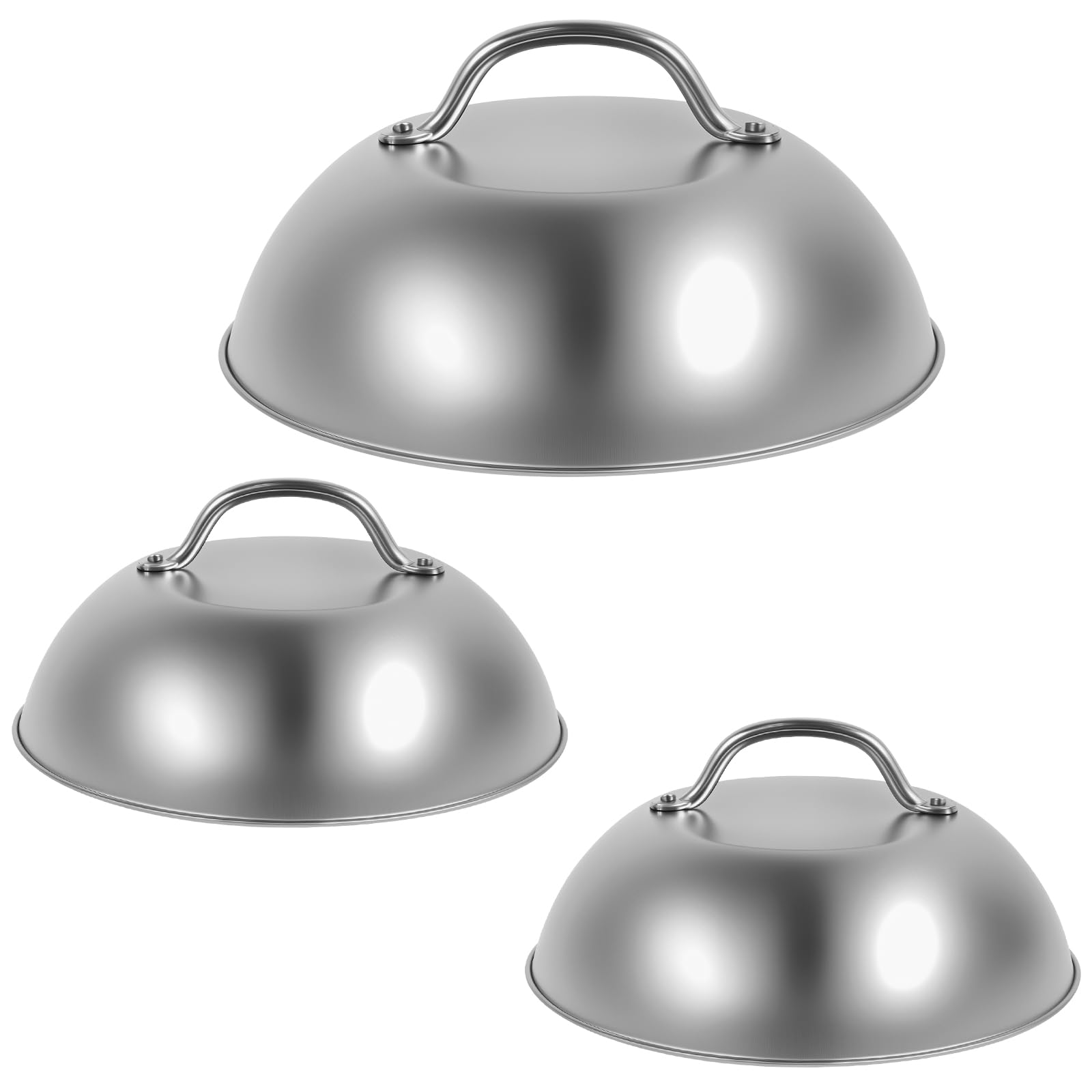 LuLobtg 3Pcs Cheese Melting Dome, Stainless Steel Basting Cover with Heat-Proof Handle, Burger Covers for Indoor & Outdoor BBQ, Griddle, Camping and Cooking, Dishwasher Safe
