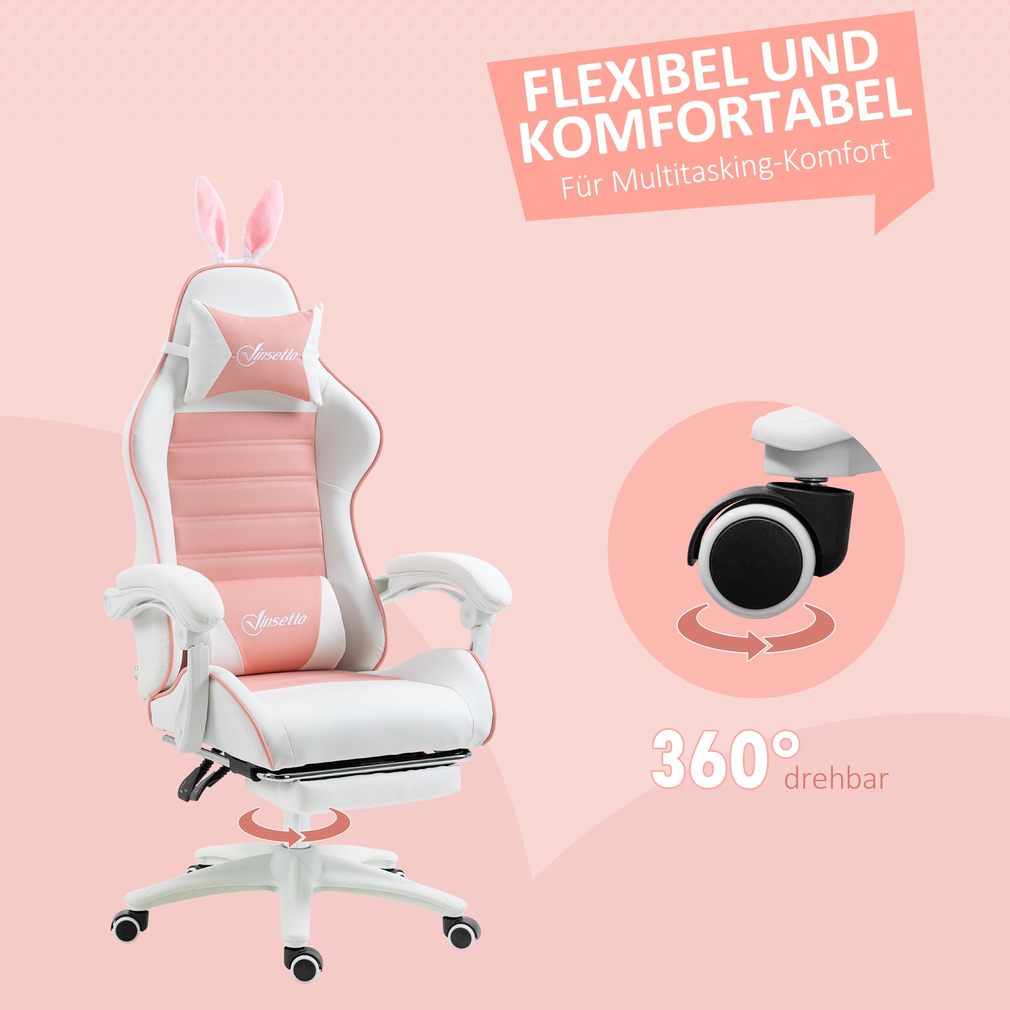 Vinsetto Gaming Stuhl mit Lendenwirbelstütze Fußstütze Kopfkissen Rosa | Ergonomischer Gamer Stuhl, Gaming Sessel mit Hasenohren, Bürostuhl mit Verstellbare Rückenlehne Liegefunktion