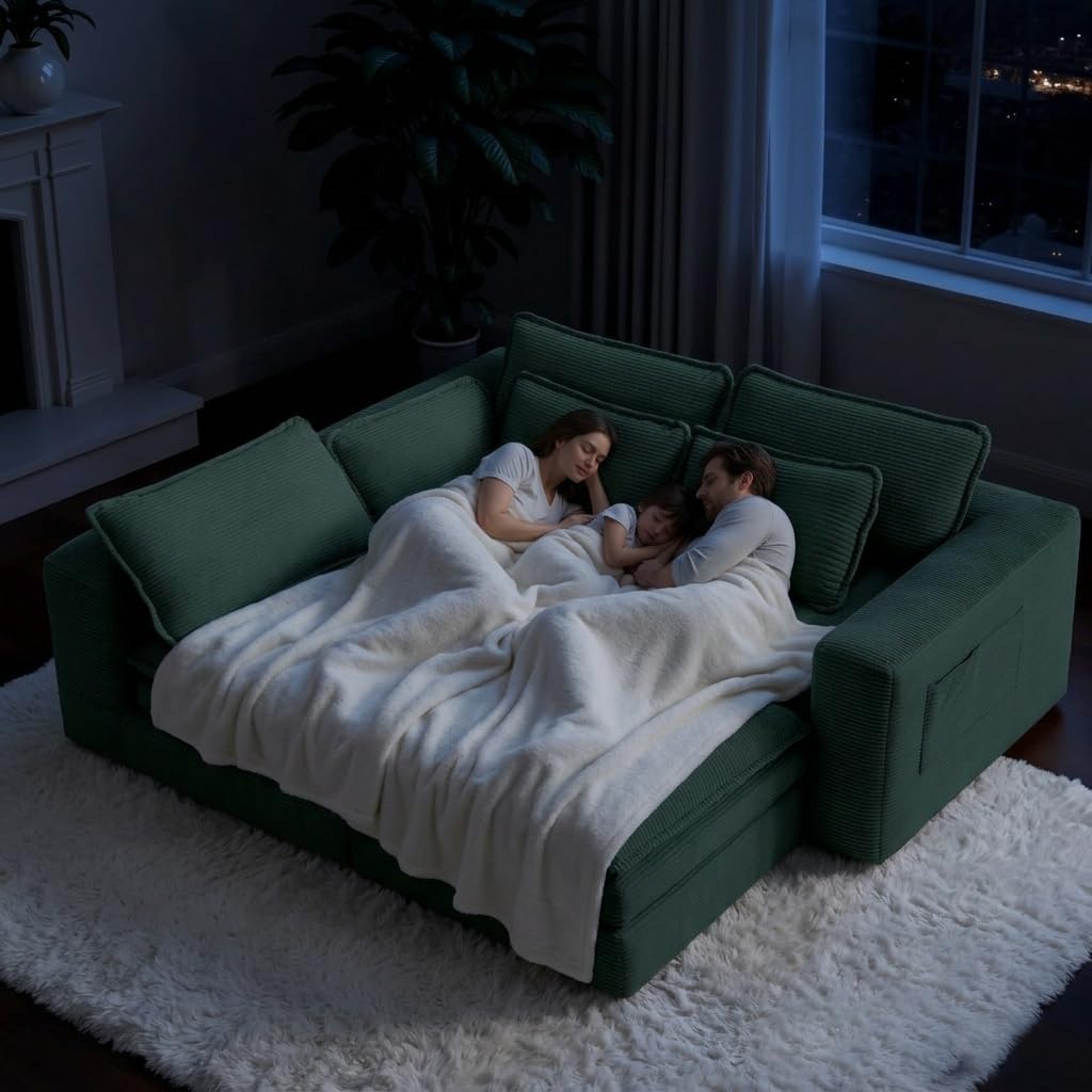 109" Sectional Couch Boneless Modular Sofa for Living Room with Ottoman | No Assembly Required Sofa Bed L shaped Couch | Corduroy Deep Seat Couch with Double Layer Cushion & Removable Cover | Green