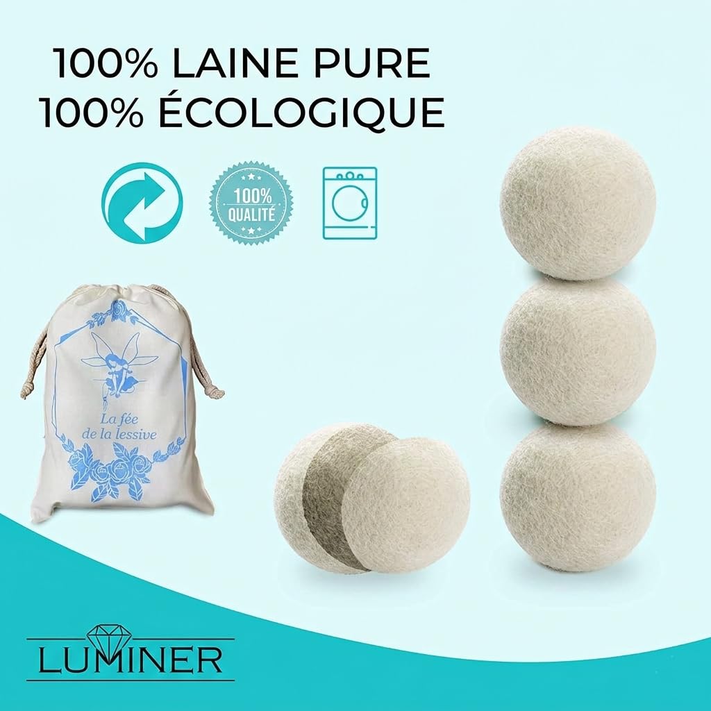 LUMINER Boules de Séchage en Laine x6 – Anti-Froissage, Anti-Statique, Attrape-Cheveux, 2 Huile Essentielle de Talc, Réutilisables pour Sèche-Linge