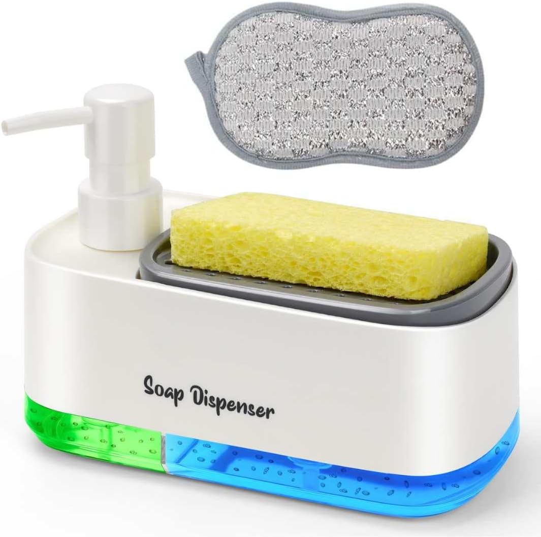 Dual Soap Dispenser Set for Kitchen - 3-in-1 Countertop Organizer with Sponge Holder, Hand & Dish Soap Pump for Kitchen Sink, with 2-Packs Multipurpose Cleaning Scrubber and Sponge,White