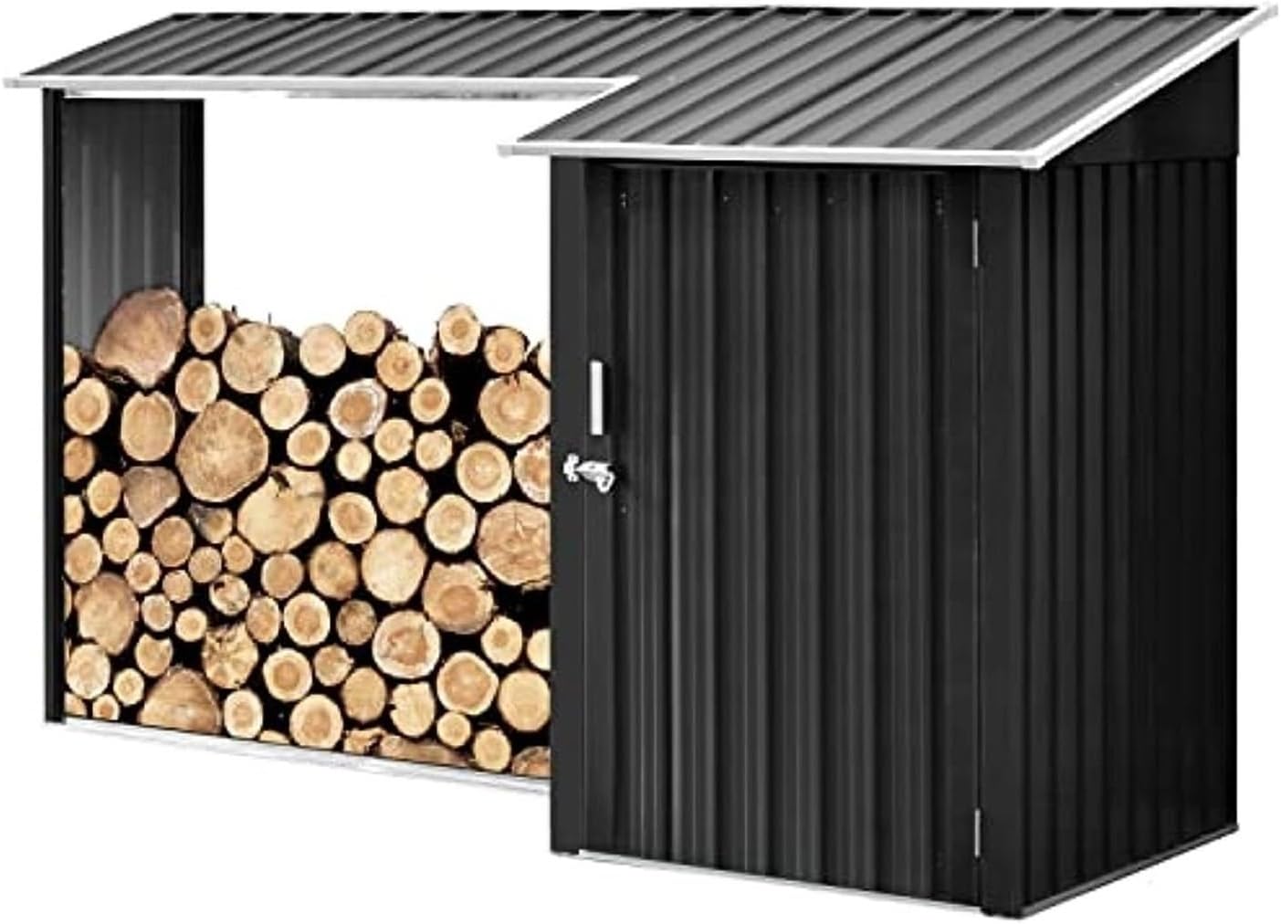 Garden Sheds 2-in-1 Multi-Use Dark Grey Outdoor Metal and Steel Single Door Shed with Firewood Storage Compartment Outdoor Storage Sheds