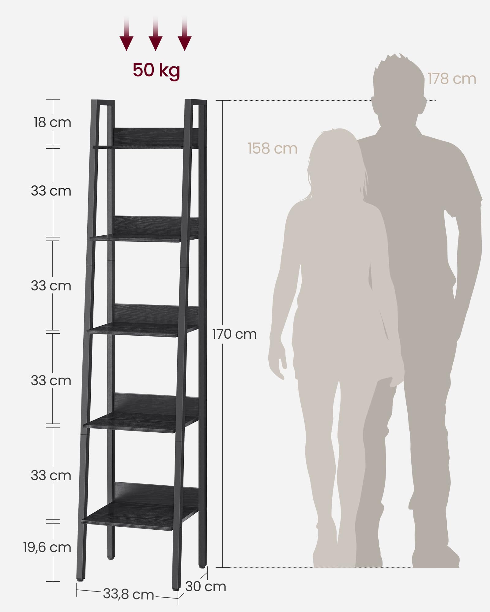 VASAGLE Ladder Rack Bookcase with 5 Levels, Storage Cabinet on Foot, Office, Living Room, Bedroom, Kitchen, Industrial Style, Rustic Brown and Black