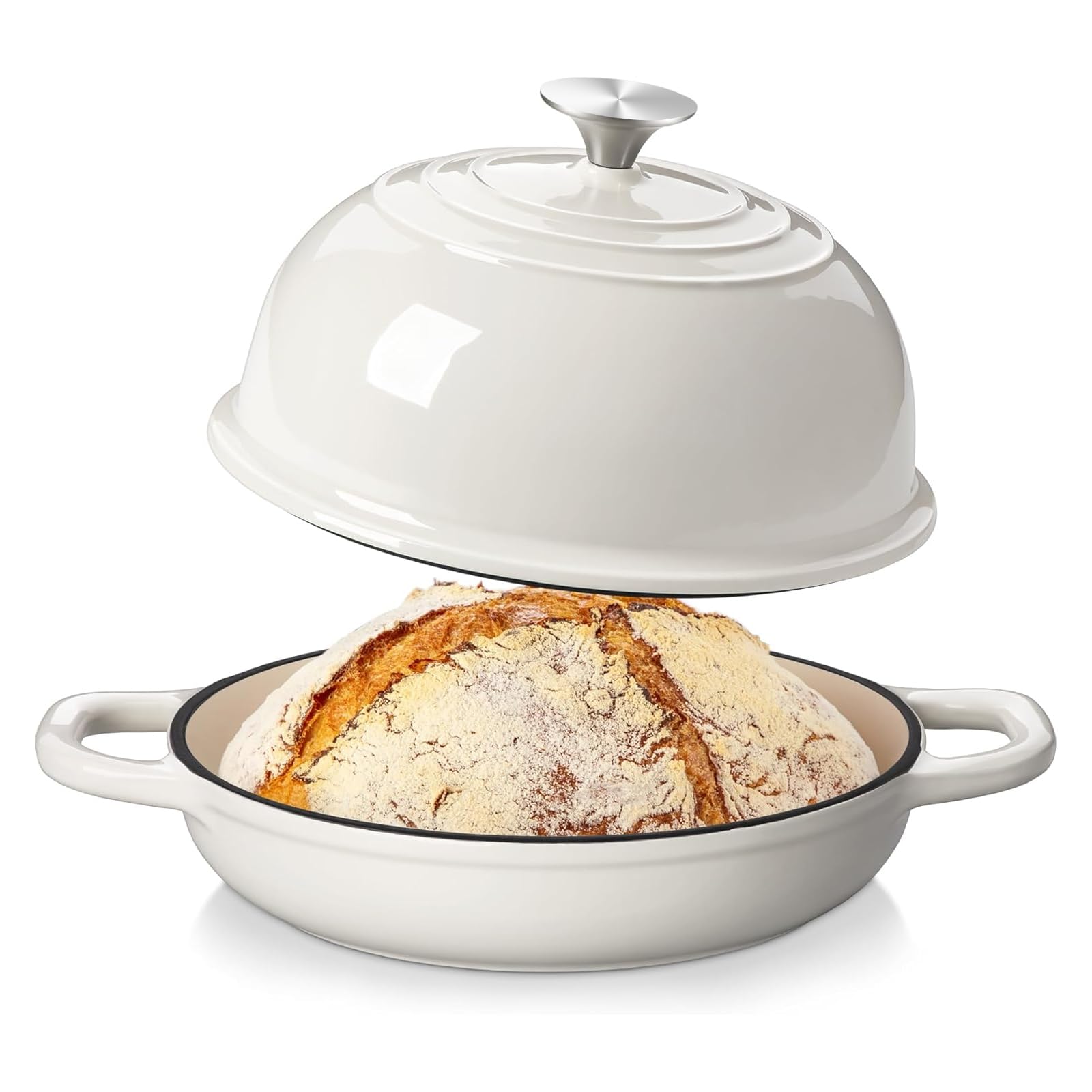 Forno olandese in ghisa smaltata per la preparazione del pane, padella antiaderente in ghisa con coperchio per cuocere pane, arrostire, brasare e friggere (bianco)