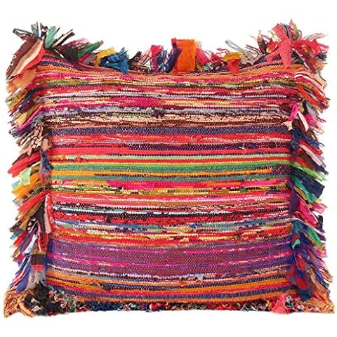 Eyes of India Colorful Chindi Boho Throw Pillow Cover, Decorative Rag Rug Bohemian Handmade Cushion Case for Couch Sofa Bed Living Room, 16x16 inch (40x40 cm), Orange Cover