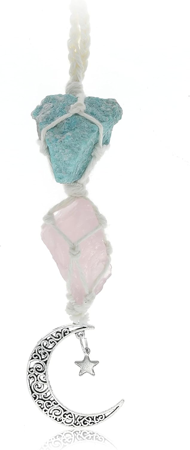 BOHO GARDEN Hanging Car Charm - Amazonite & Rose Quartz - Dangling Moon & Healing Crystal Accessories, Rearview Mirror Decorations - Self-Love, Honesty, Clarity, Connection, Self-Worth, Love, Energy