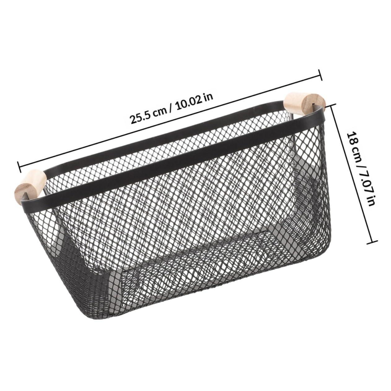 Aufbewahrungskorb Schwarz aus Metallgewebe mit Holzgriffen | Eisenkonstruktion, Rechteckige Form, für Schlafzimmer und Küche, Nordisches Design im 2 Stück-pack