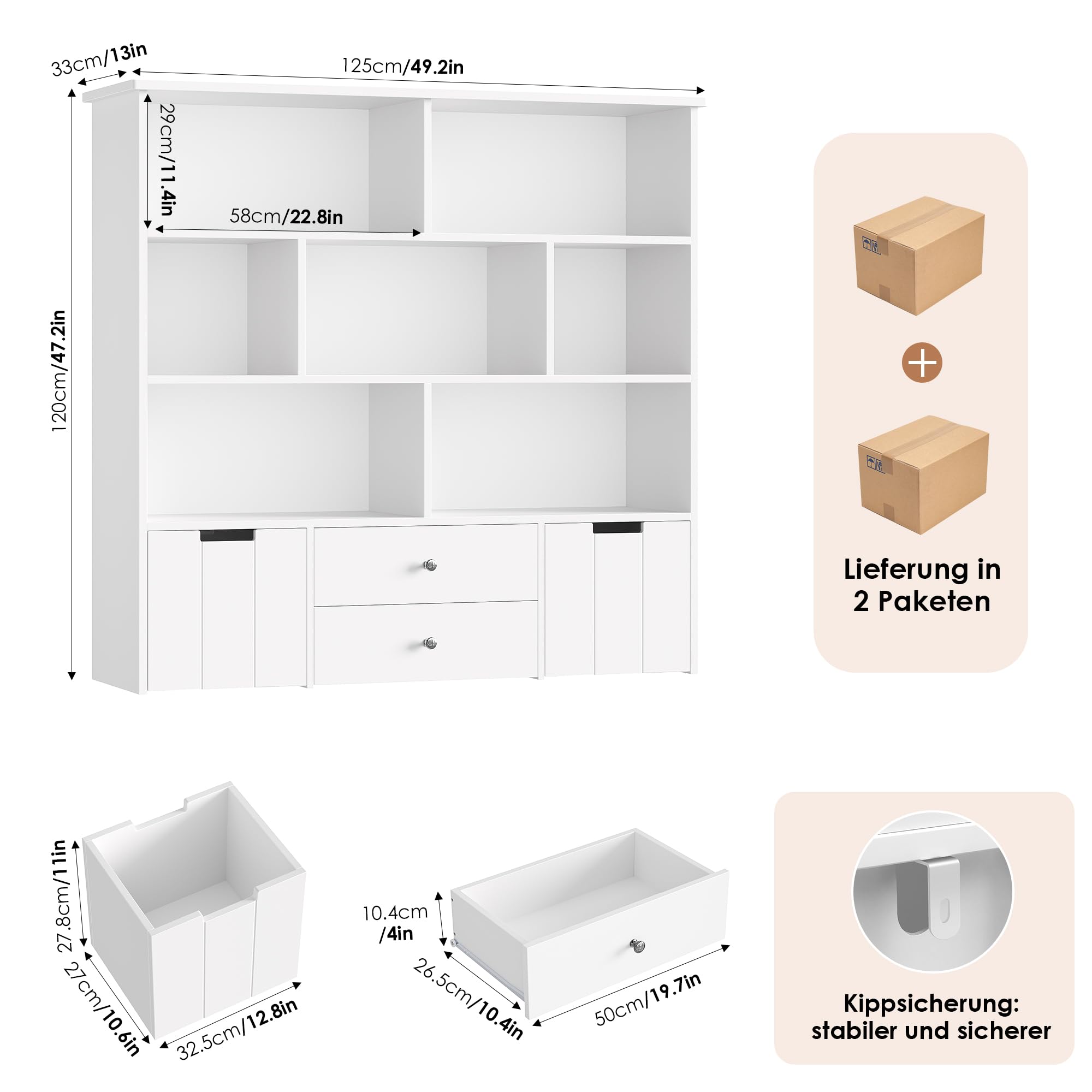 FOREHILL Kinderregal mit 4 Schubladen, Kinderzimmer Möbel, Bücherregal | Kinderregal mit Boxen auf Rollen, Regal Kinderzimmer, Spielzeug Aufbewahrung für Kindergarten, Leseecke 125x33x120cm