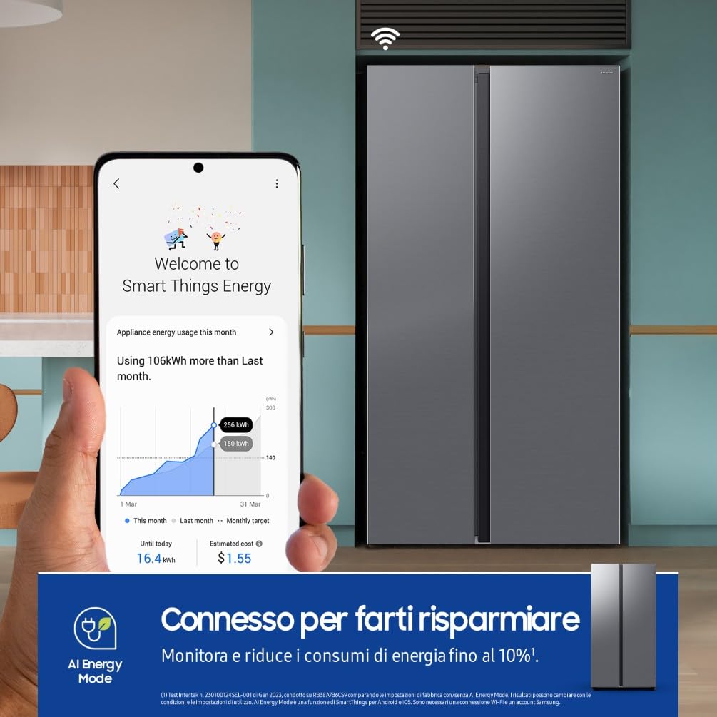 Samsung Frigorifero Side by Side AI RS70F65QET/EF, All-Around Cooling, Wifi con AI Energy Mode, Total No Frost, SpaceMax, 655 L, LxAxP: 91,2 x 178,4 x 72,6 cm, Metal Inox