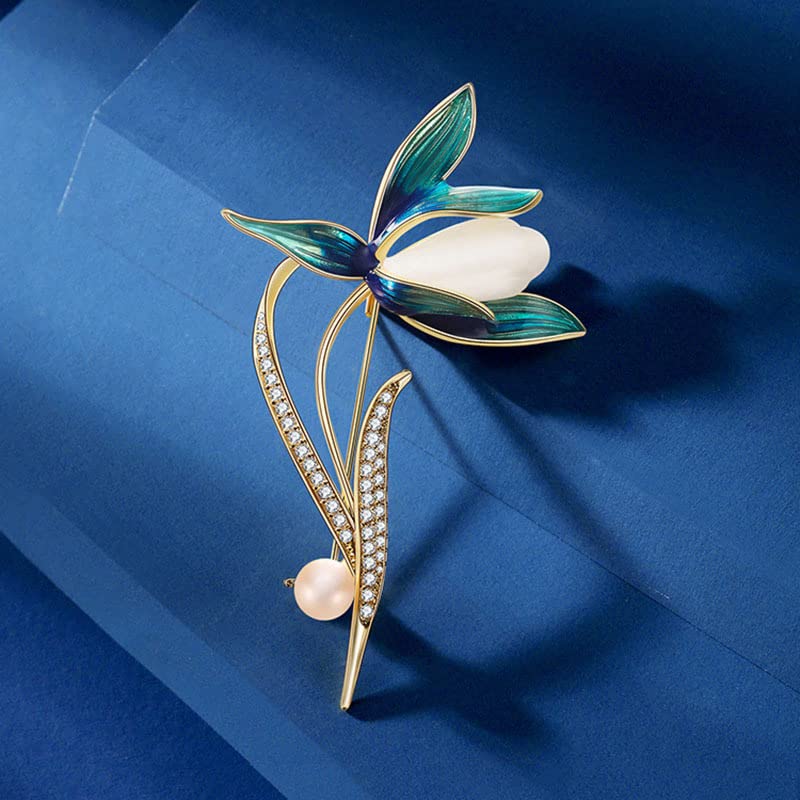 Image of Flower Floral Pearl Brooch Rhinestone Crystal Brooch Leaf Bouquet Brooch Pin Fashion Dress Accessories Birthday Graduation Jewelry Gift For Women