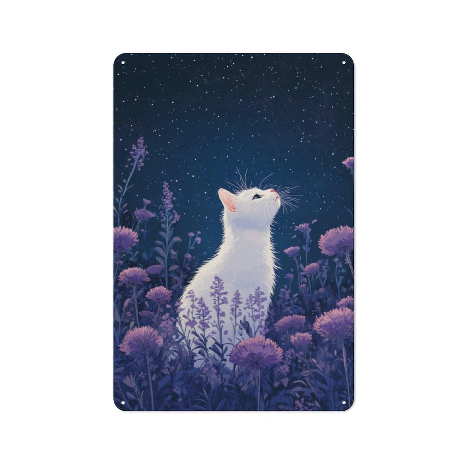 Junmoney White Cat Under Starry Sky Vintage Metal Sign 30X20cm For Hobby Room Or Studio, Housewarming Present For People Styling Hobby Room And Studio