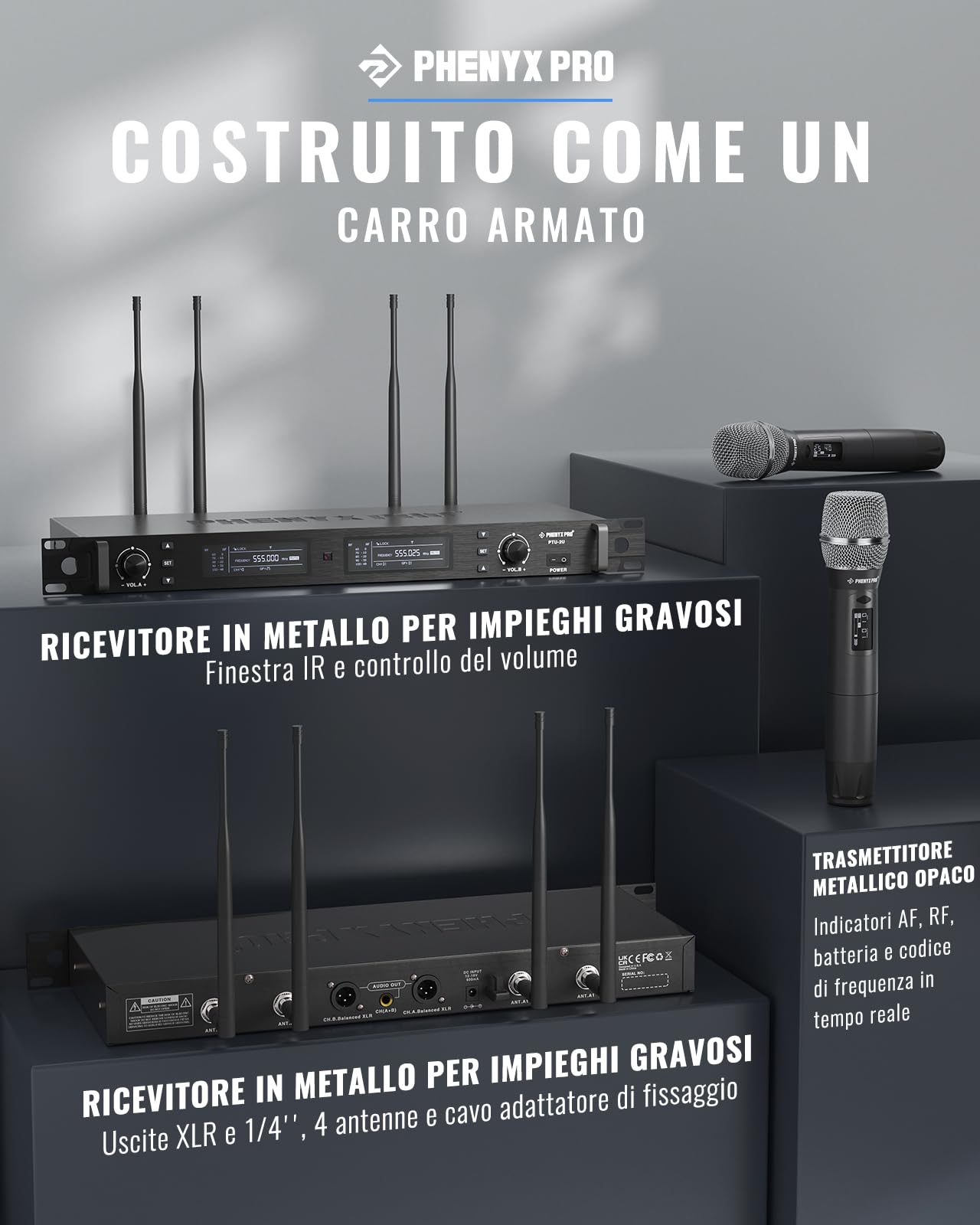 Phenyx Pro Sistema Microfono Wireless UHF a 2 canali PTU-2U-2H | True Diversity, Auto Scan, 2 × 1000 canali, portata 328 ft, sync IR rapido, 2 microfoni dinamici, voce live