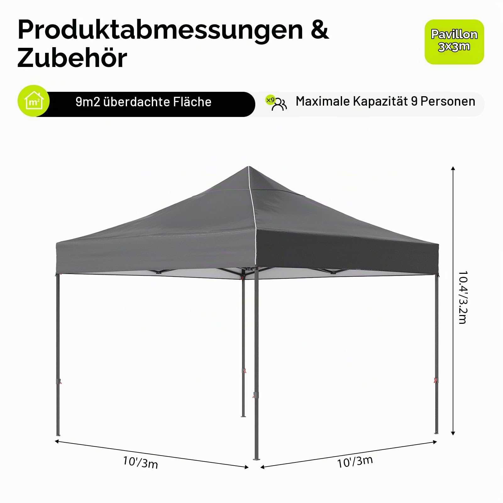 Aoxun Faltpavillon 3x3m Wasserdicht Pop Up Pavillon Rollentasche | Wasserdichter 3x3m Pop Up Faltpavillon mit Rollentasche und Sandsäcken für schnellen Schutz im Garten oder beim Camping