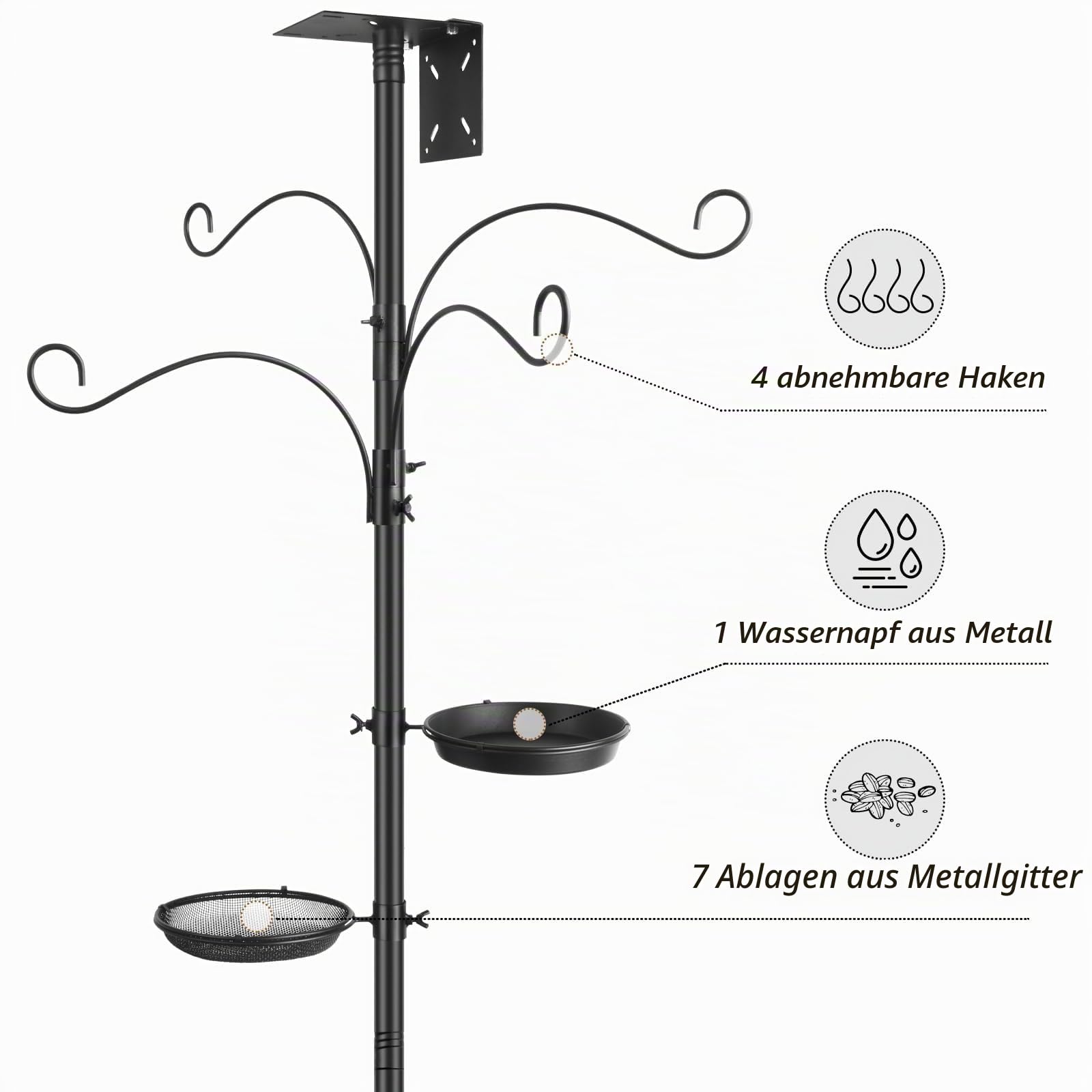 Vogelfutterspender zum Aufhängen, robuste Metall-Vogelfutterstation, 232 cm hoch, freistehend, mehrere Vogelfutterstangen, Ständer, Aufhänger zum Anlocken von Wildvögeln im Garten