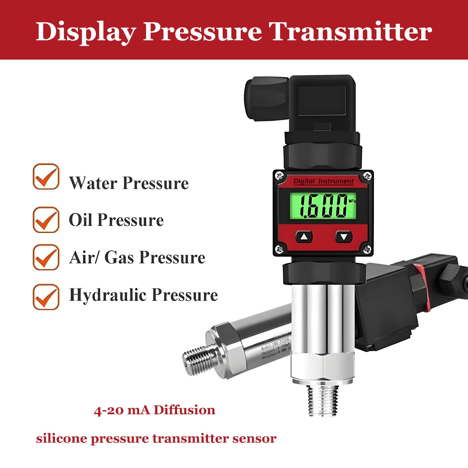 Trasmettitori di pressione idraulica con display digitale a LED 4-20 mA RS485 Sensore di livello del gas combustibile per acqua Misuratore di vuoto assoluto, intervallo -100 KPa-60 MPa 0-100KPa