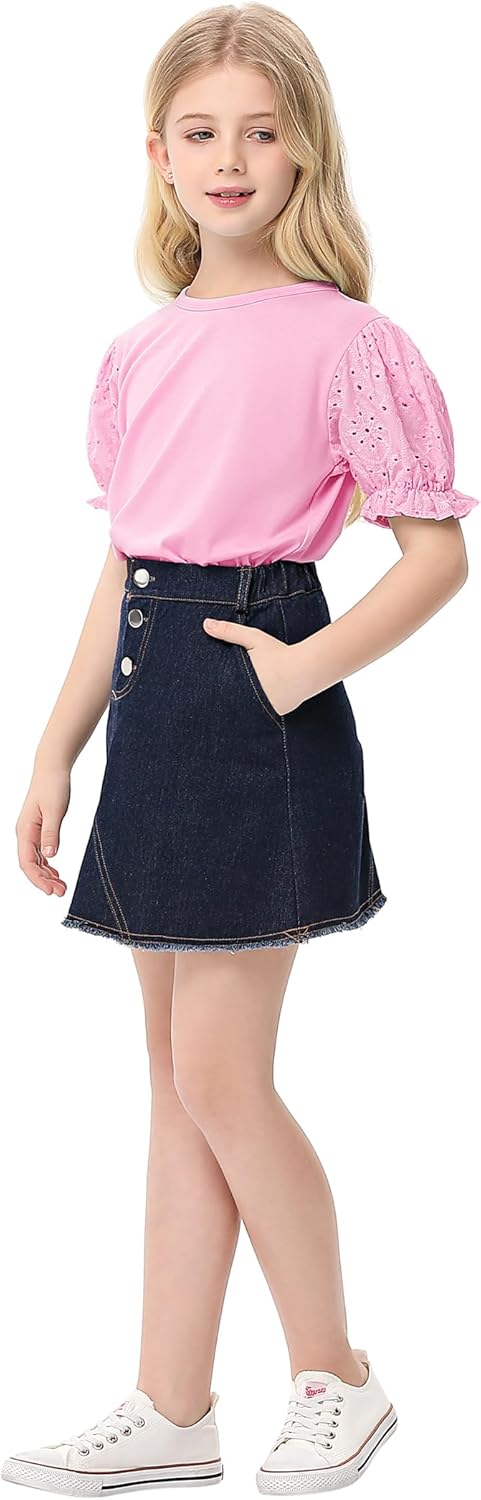 Girls Blouse Ruffle Puff Short Hollow Out Sleeve T-Shirt Round Neck Solid Casual Tops 3-12 Years - Image 2