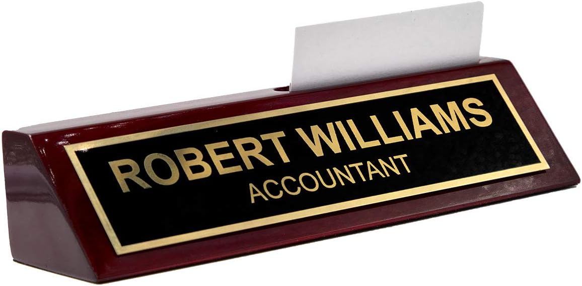 Piano Finished Rosewood Desk Name Plate with Card Holder, 2" x 8", Black/Gold Plate