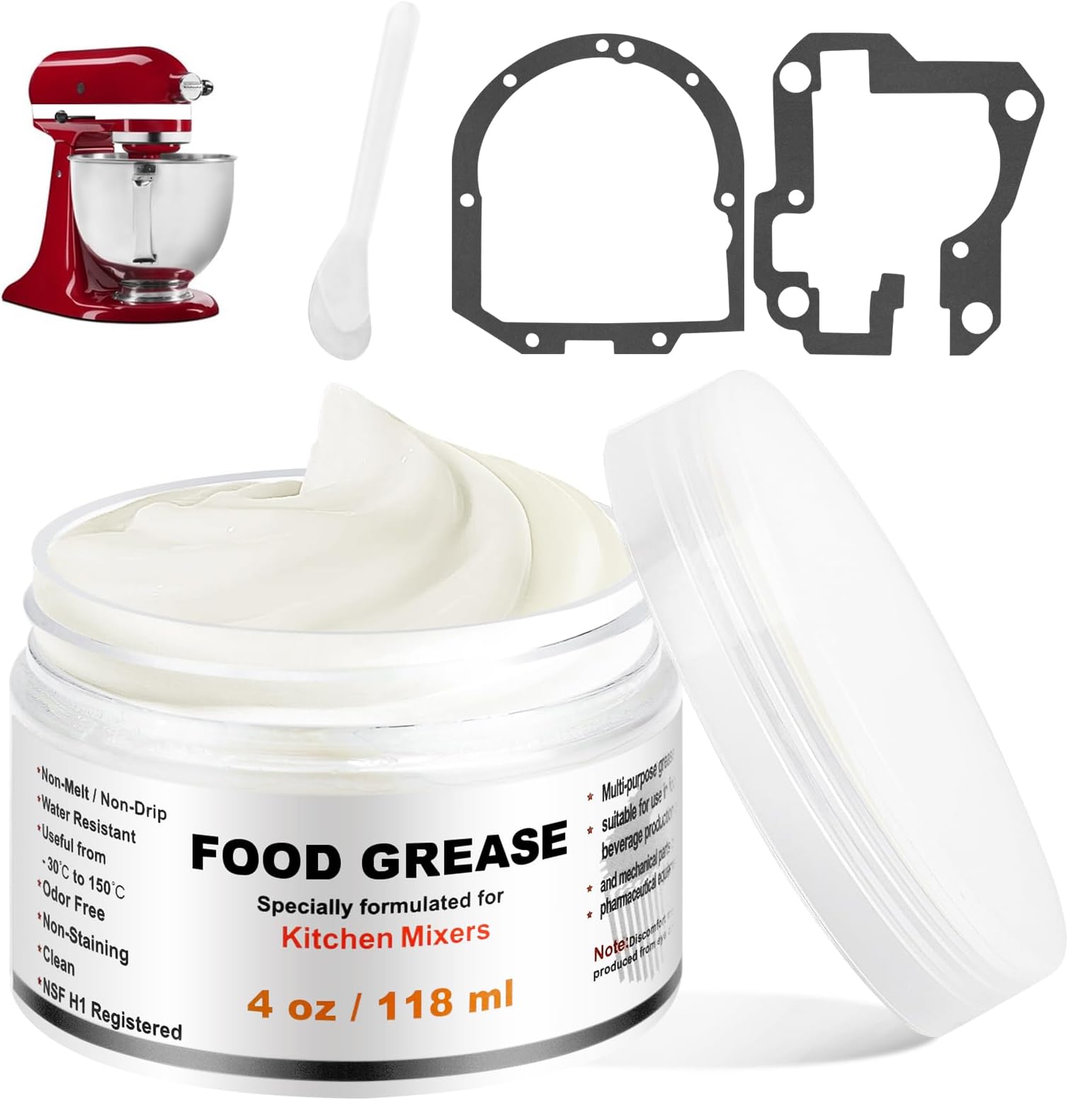 KitchenKipper 4Oz Food Grade Grease for Kitchenaid Stand Mixer, Universally Compatible with Most Stand Mixers - Equipped with Gasket & Spatula - Pack of 1 Can