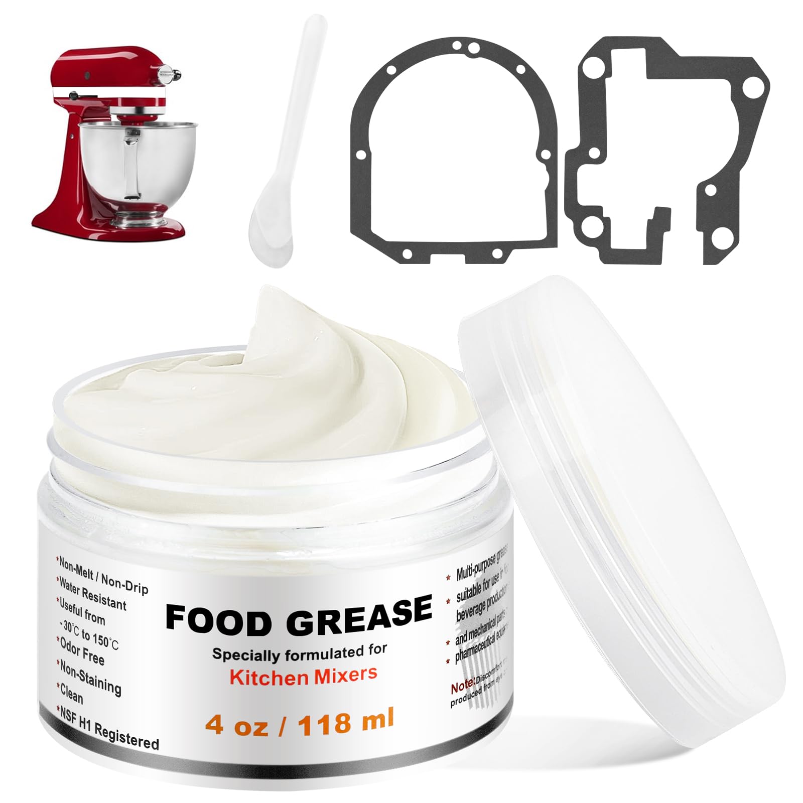 KitchenKipper 4Oz Food Grade Grease for Kitchenaid Stand Mixer, Universally Compatible with Most Stand Mixers - Equipped with Gasket & Spatula - Pack of 1 Can