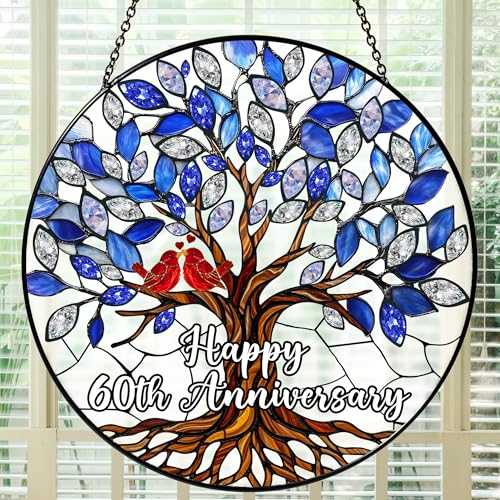 Bozspacer 60th Wedding Anniversary Stained Glass Suncatcher 6x6 Diamond Anniversary Decorations 60th Celebration Marriage Gifts for Parents Couple Wife & Husband 60 Wedding Milestone Keepsake