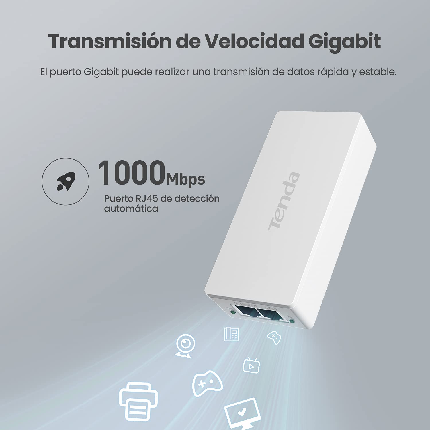 Tenda PoE30G-AT PoE Inyector, Adaptador, Alimentador, 2 Puertos Gigabit RJ45, IEEE 802.3af / at, Plug and Play, Proporciona Energía hasta 100 Metros, 30W, 51V, Blanco