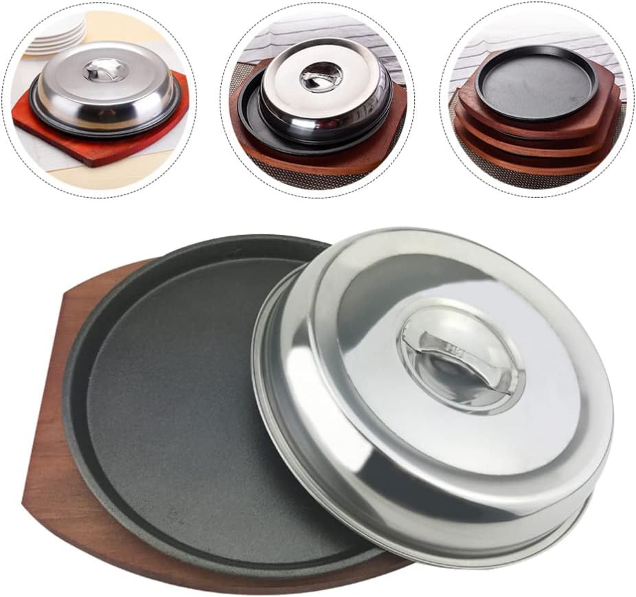 Skillet with Cast Iron Round - Small Cast Iron Skillet Sizzling Plate Fajita Plate Sizzling Pan for Easy Serving Cleaning, BBQ Included Wood Base