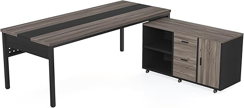 Miniatura 5 de LITTLE TREE Escritorio ejecutivo de 70.8 pulgadas con archivador lateral, estación de trabajo moderna de madera gruesa en forma de L, escritorio