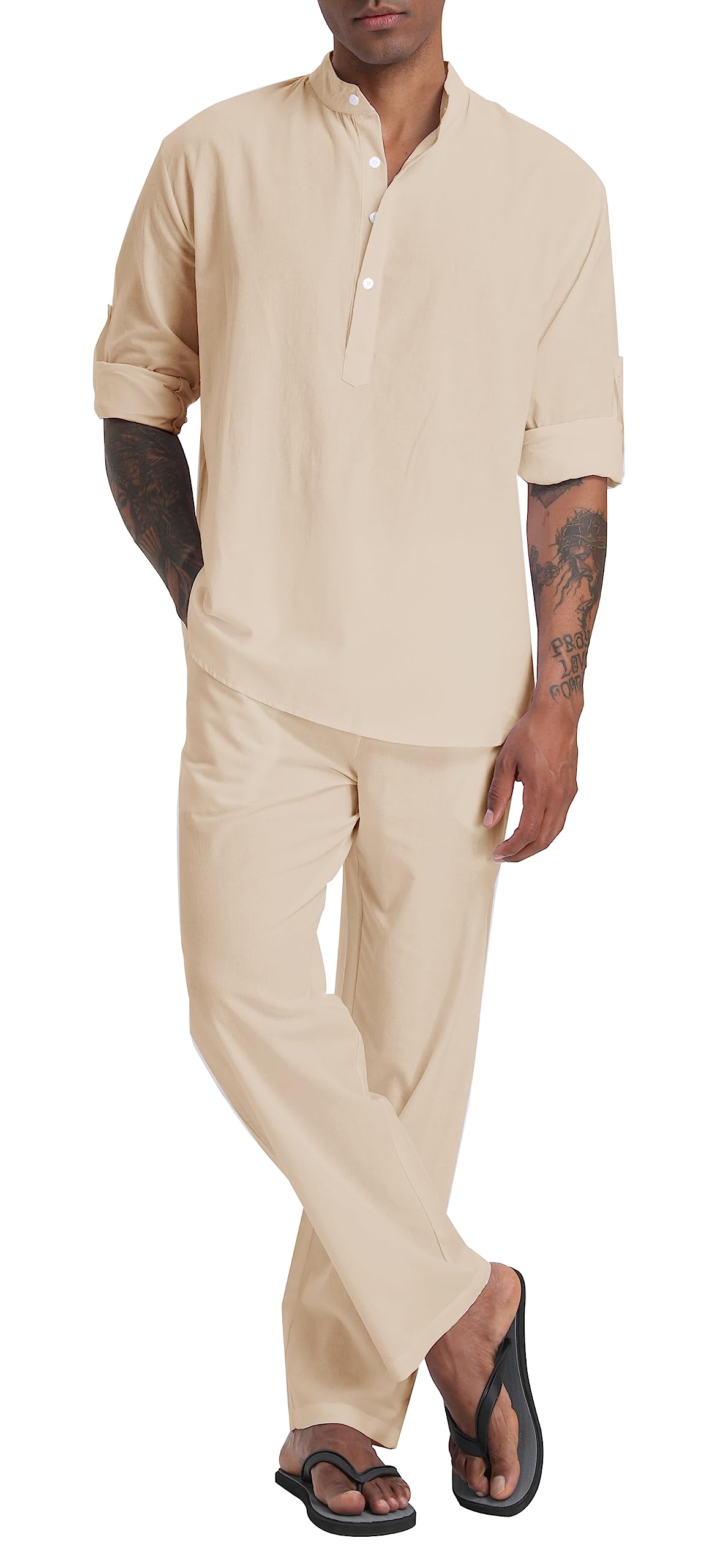 SIENDIU cotton-linen Henley and pants set in khaki