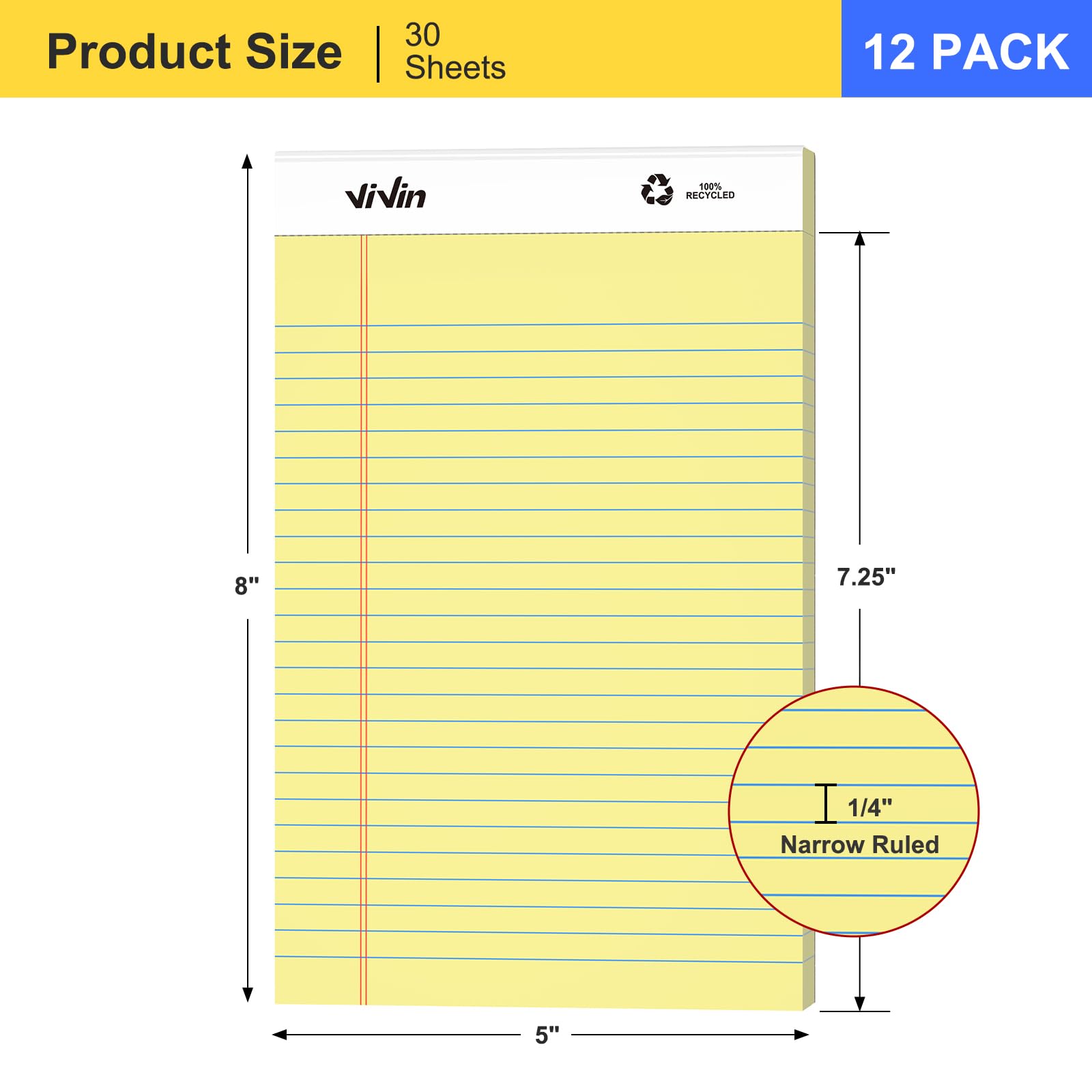 ViVin Legal Blöcke, 12 x 20 cm, schmal, liniert, perforiert, 30 Blatt pro Notizblöcke, kleine Rechtsblöcke, ideal für Zuhause, Büro, Geschäft, Kanariengelbes Papier