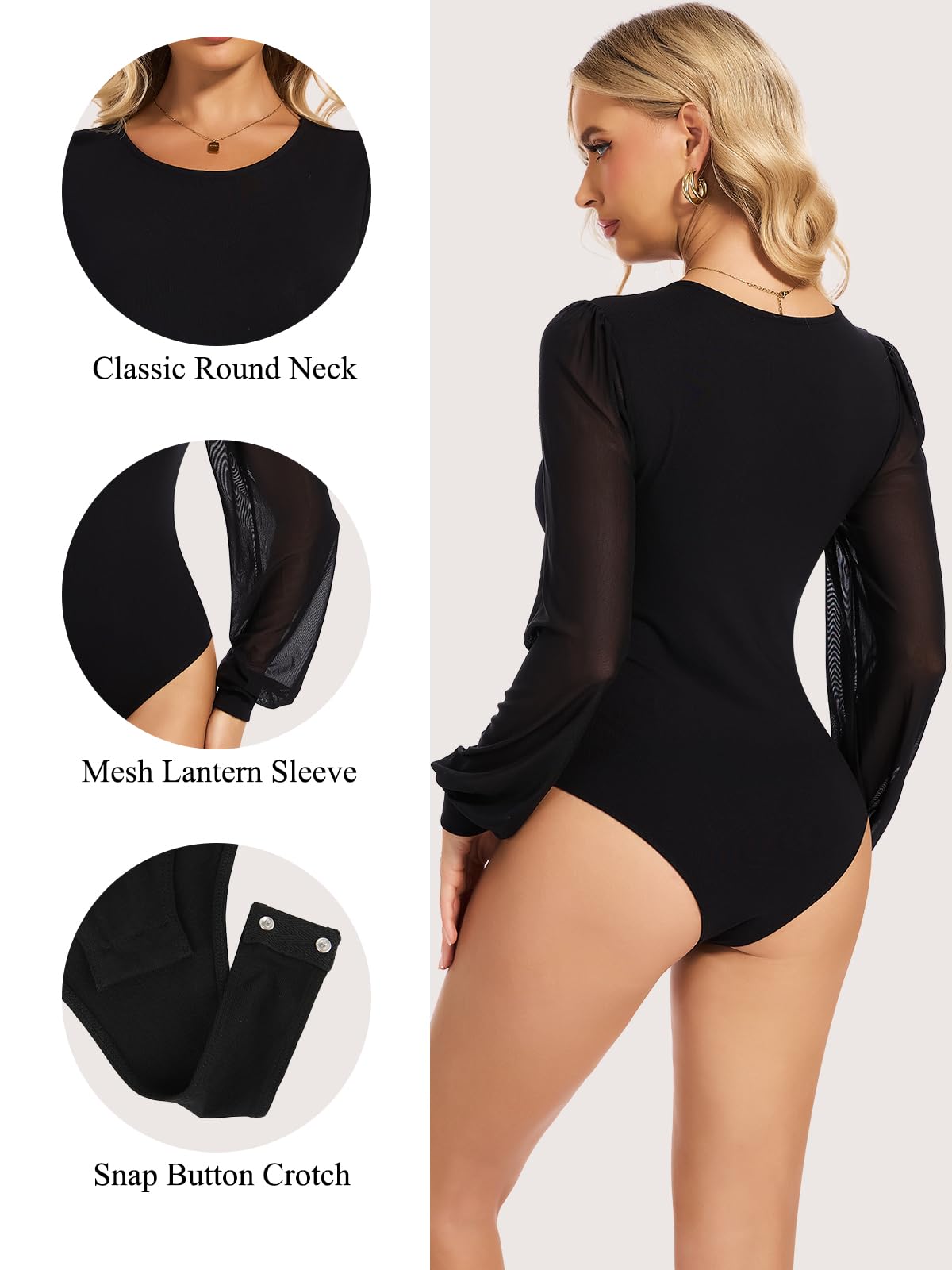 Joyshaper Body damskie body z długim rękawem, prostokątny dekolt, eleganckie body z siateczki, bufiaste rękawy, koszulka