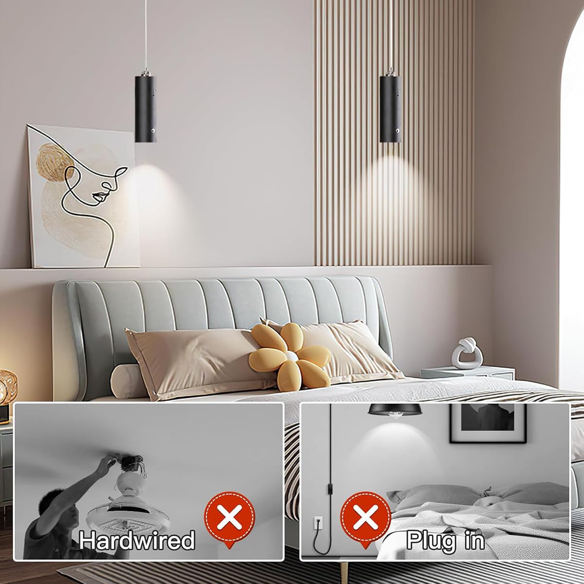 2 Stück Akku Pendelleuchte Schwarz LED Hängelampe Touch Dimmbar 3000K Warmweiß Hängeleuchte Modern Zylinder Pendellampe Batteriebetriebene, Höhenverstellbar, für Nachttisch Schlafzimmer Küche, 11cm
