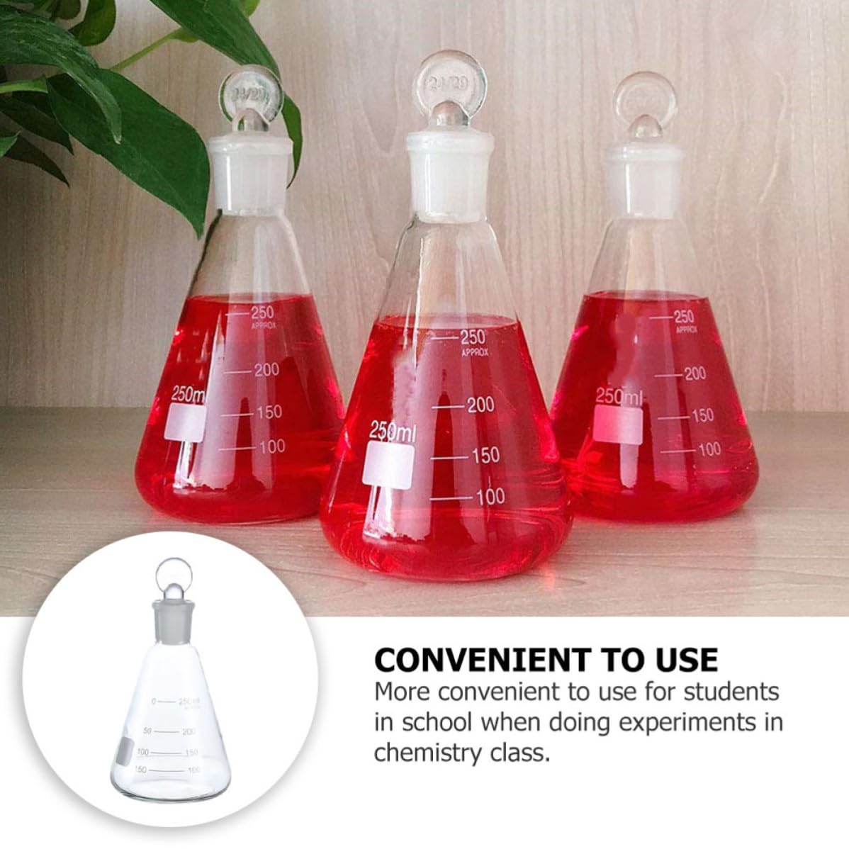 Set 3 Pezzi Beute Coniche da 250ml in Vetro con Tappo e Scala Graduata, per Laboratorio Scientifico e Lezioni Scolastiche